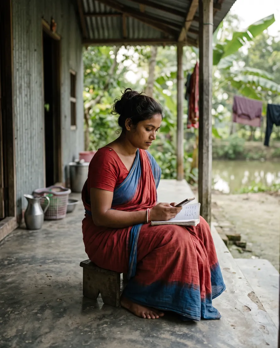 বাড়ির বারান্দায় বসে খাতায় হিসাব মেলাচ্ছেন এক নারী